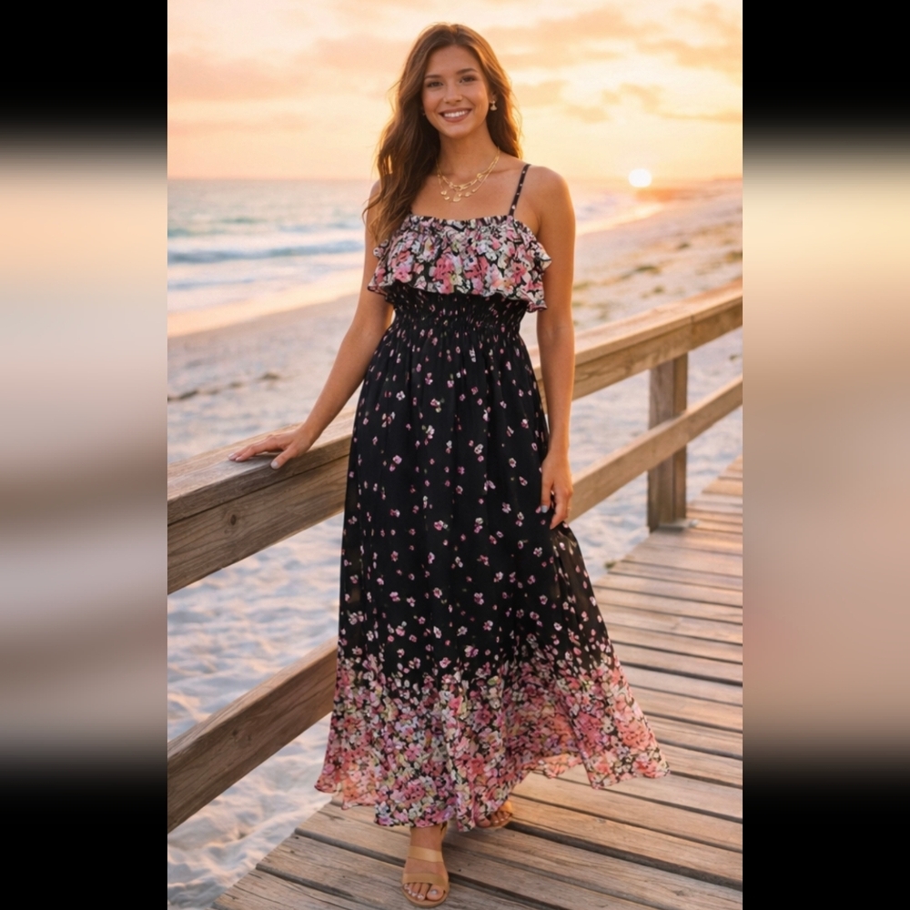 Twenty One Dress Floral Maxi M Smocked Waist Boho Pink Black Flowy Garden Party